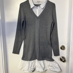 Preppy Grey Sweater Dress with White Collar Underlay. Ribbed, V-neck Size XL